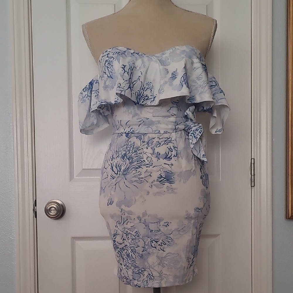 Selfie Leslie Off Shoukder Blue Floral Short Dress Small